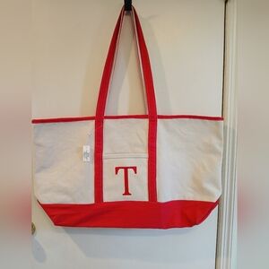Nantucket Red and Cream Canvas Tote Bag with T Monogram